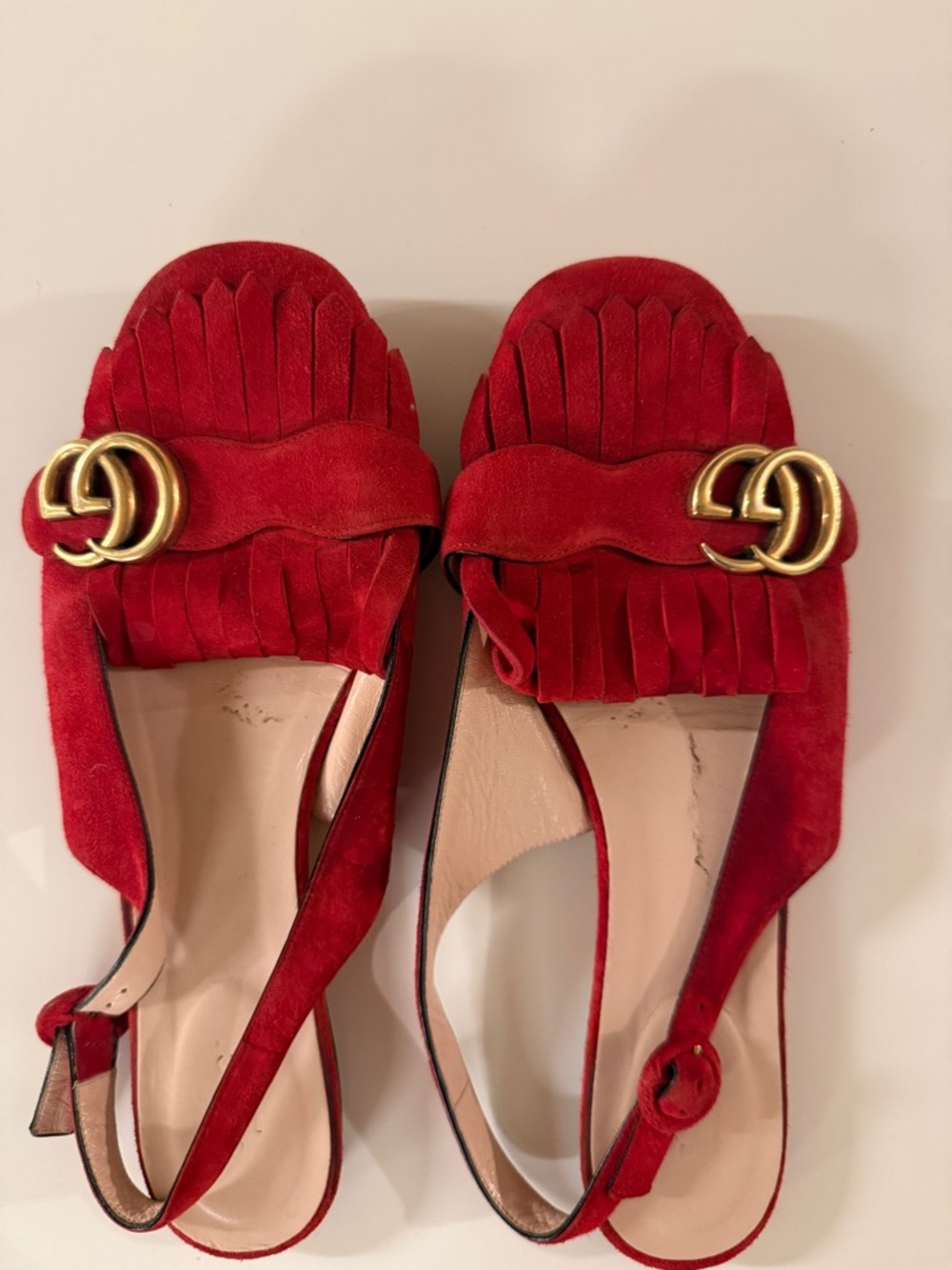 Gucci Red Suede Fringe Slingback Mules with Gold Double-G